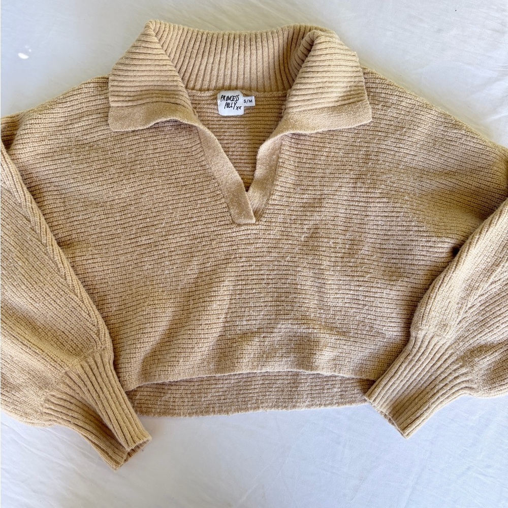 Princess Polly Beige Knit Collared Crop Sweater
